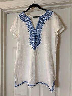 Blue Embroidered V-Neck Cotton Tunic Top - Women